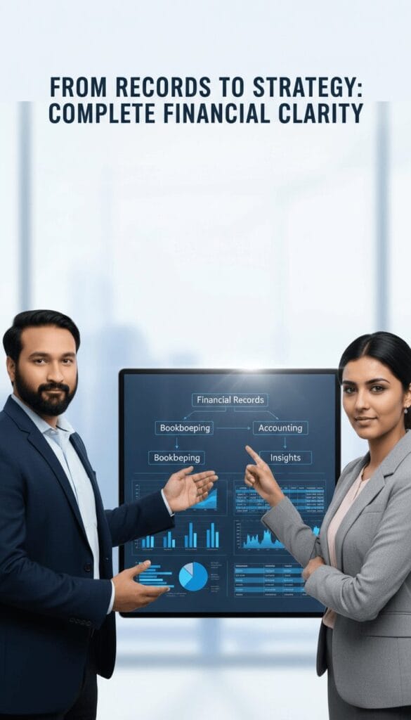 Two professional financial advisors explaining the connection between financial records, bookkeeping, and accounting using a modern digital dashboard.
