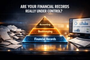 Cinematic feature image showing organized financial records, bookkeeping layers, and accounting dashboards representing structured financial management.