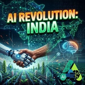 A vibrant, high-impact graphic thumbnail titled 'AI in INDIA'. The image features bold typography over a glowing neural network map of India, integrating visual symbols of innovation such as a robotic hand shaking a human hand over a digital field (agriculture) and a stylized digital heart (healthcare).