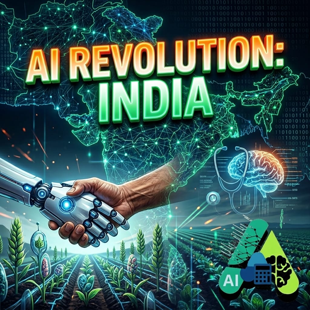 A vibrant, high-impact graphic thumbnail titled 'AI in INDIA'. The image features bold typography over a glowing neural network map of India, integrating visual symbols of innovation such as a robotic hand shaking a human hand over a digital field (agriculture) and a stylized digital heart (healthcare).