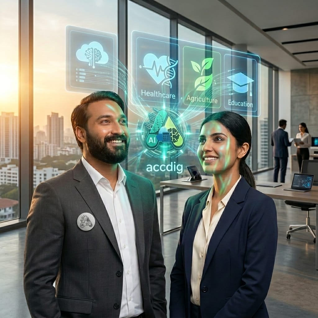 An illustrative photo showing a male and a female Indian professional in a modern office, collaboratively examining a futuristic holographic display. The display highlights icons and data points representing artificial intelligence applications in the fields of healthcare, agriculture, and education in India, set against a Bangalore cityscape background. how AI in India is growing.