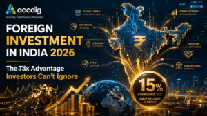 Promotional banner by accdig titled 'Foreign Investment in India 2026: The Tax Advantage Investors Can’t Ignore,' featuring a golden map of India and a stock market bull. The graphic prominently displays India's low 15% manufacturing corporate tax rate alongside key drivers such as global capital flows, strategic location, policy support, and ease of doing business.