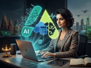 A feature image titled 'GENERATIVE AI: THE STRATEGIC OPPORTUNITY FOR INDIAN SMBs,' showing Indian business owners interacting with a futuristic, friendly AI entity that is generating product mockups and content drafts. The image features modern Indian city elements and the Accdig logo.