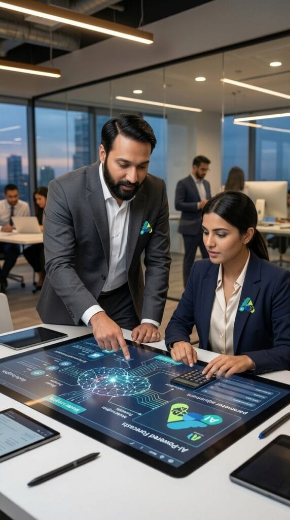 An informative content image showing Indian professionals Mukesh and Khushpreet collaborating in a modern office for how 'GENERATIVE AI works. Mukesh is looking at a laptop displaying AI generating a 'Diwali Clothing Tagline,' and Khushpreet is viewing AI-generated skincare email drafts. They are discussing 'Prompt Engineering' on a nearby whiteboard. The Accdig logo is in the top left.