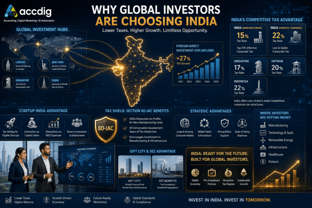 Comprehensive infographic by accdig detailing why global investors choose India, highlighting its competitive manufacturing corporate tax rate of 15% and domestic corporate tax rate of 22% compared to Asian peers like Singapore, Vietnam, and Indonesia. The image also showcases a 27% YoY growth in FDI inflows, Section 80-IAC tax shield advantages, Startup India perks, and strategic benefits like GIFT City and SEZs.
