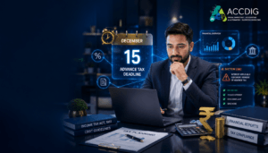 Advance Tax guide for Indian business owners showing tax planning, December 15 deadline, financial compliance, and business growth with Accdig experts.