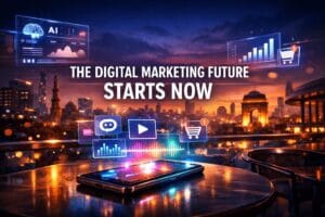 Future of digital marketing scene with AI dashboards, short-form video icons, analytics graphs, and holographic marketing elements representing trends and opportunities in 2025 and beyond.
