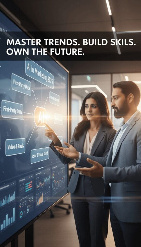 Two professional digital marketing mentors explaining future of digital marketing, AI tools, and growth opportunities using a strategic roadmap dashboard in a modern office setting.