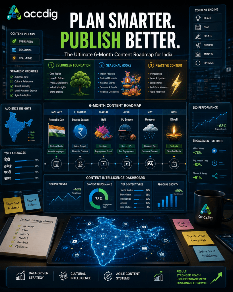 Content strategy dashboard illustrating a 6-month India content roadmap framework with SEO and cultural planning.