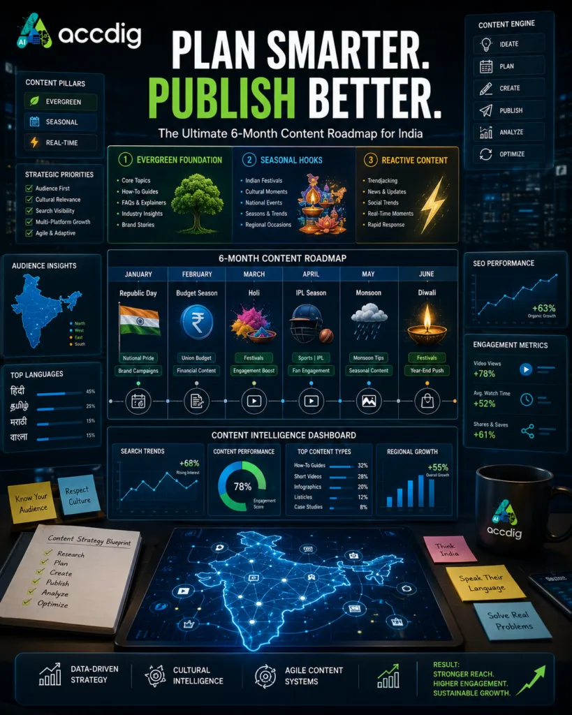 Content strategy dashboard illustrating a 6-month India content roadmap framework with SEO and cultural planning.