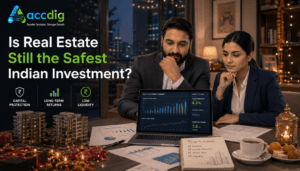 Is Real Estate Still the Safest Indian Investment? Indian investor analyzing property, charts, and financial decisions after Diwali.