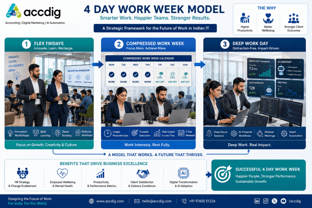 4 Day Work Week pilot strategies including Flex Fridays, compressed work weeks, and deep work days for Indian IT companies.