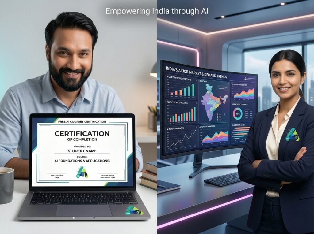 An informative content image showing how free AI courses in India is empowering students through free courses and professionals in the evolving job market.