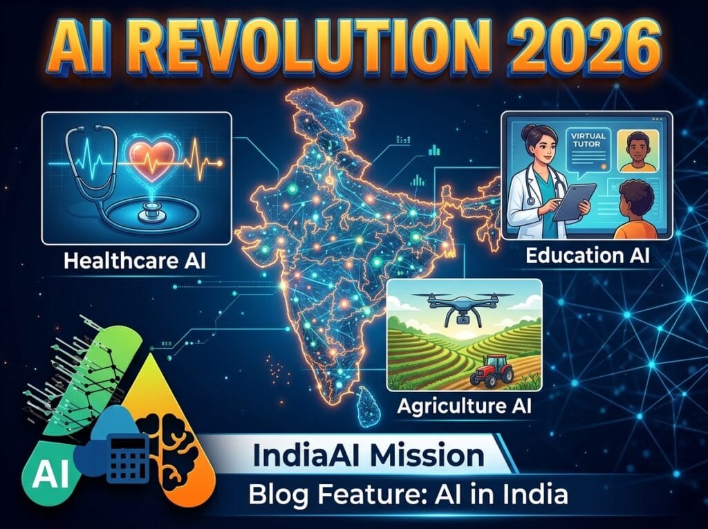 A high-impact feature image for a blog about free AI courses in India, featuring the IndiaAI Mission and sector-specific icons for agriculture and healthcare.